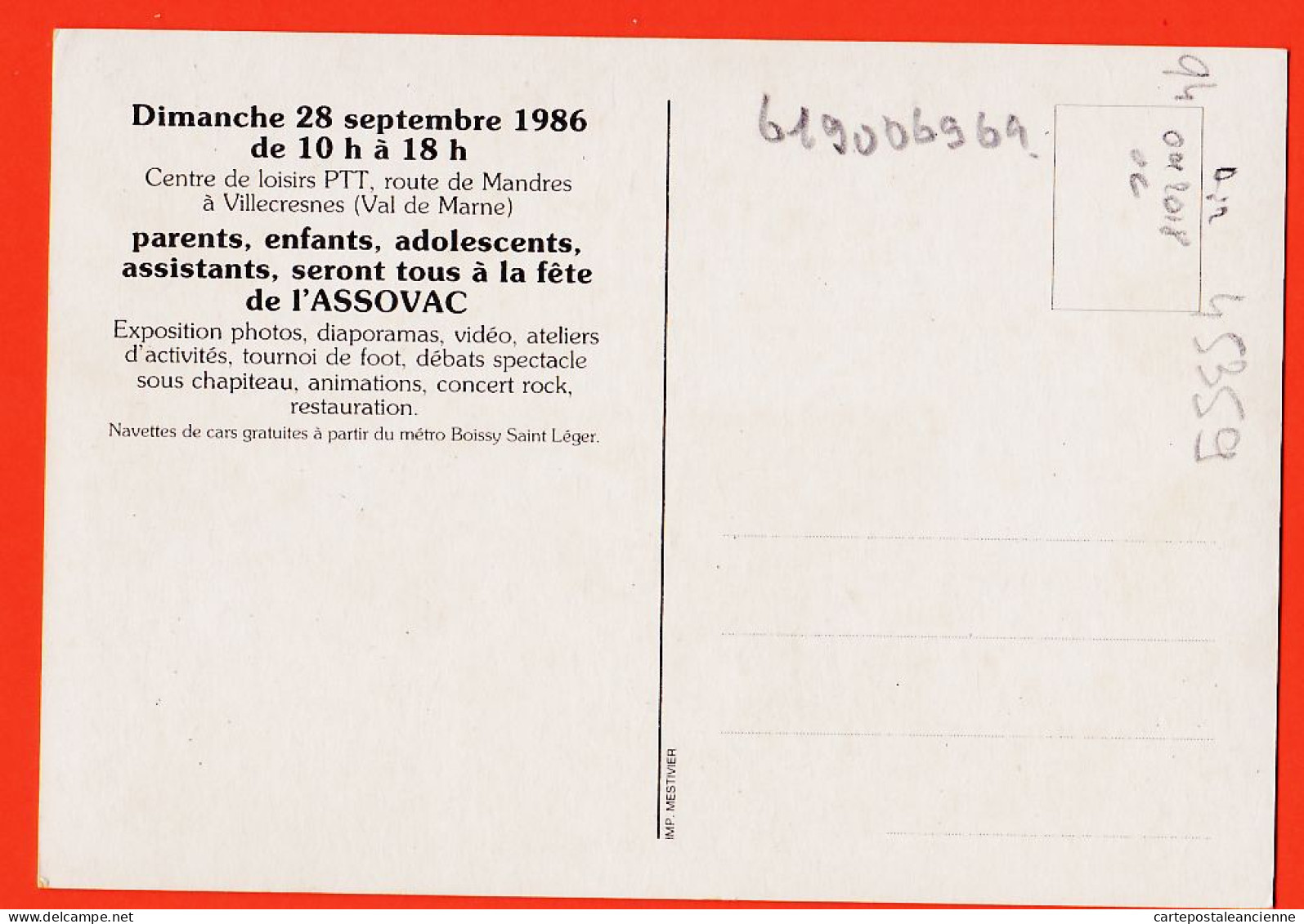 04974 / Peu Commun VILLECRESNES Val-de-Marne Route MANDRES Centre Loisirs P.T.T Dimanche 28 Septembre 1986 ASSOVAC  - Villecresnes