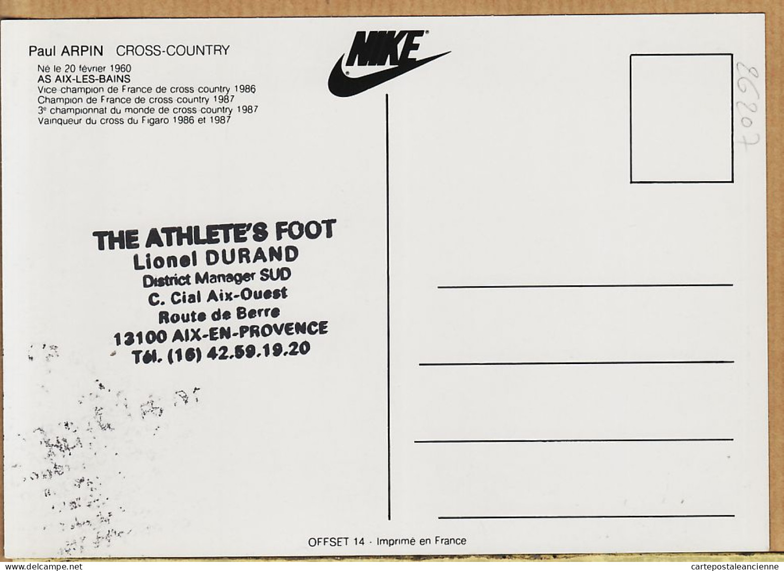 04795 / Paul ARPIN CROSS COUNTRY Né à BOURG St MAURICE  20.02.1960 Cppub NIKE-Athlete's Foot Lionel DURAND Aix Pro - Atletismo