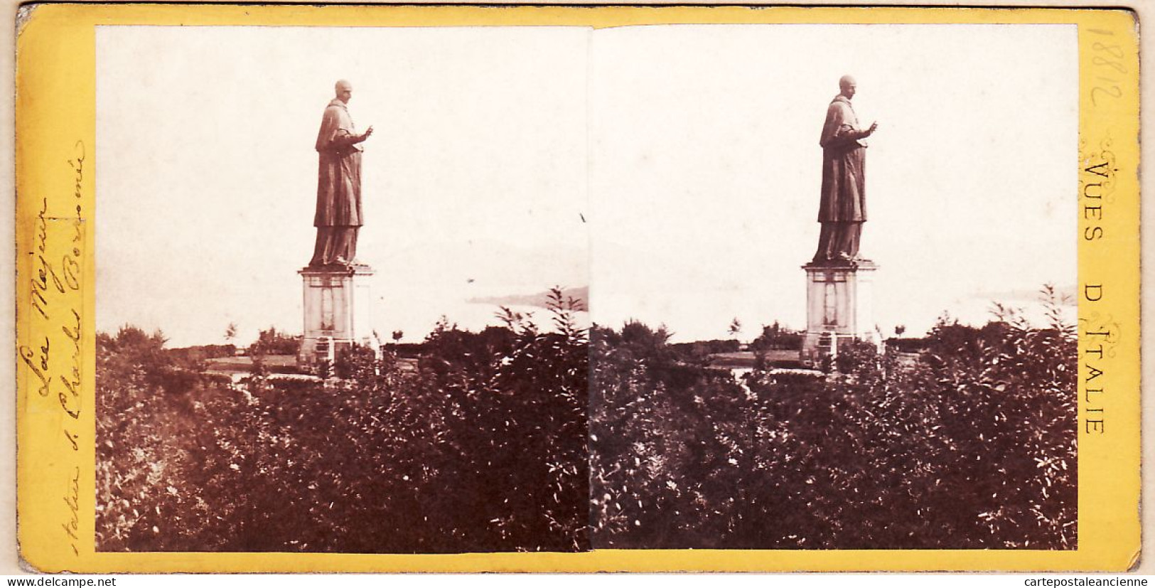 04562 / Fotografia Stereo 1865s Italia StatuaSanto LAC MAJEUR Statue De Saint-Charles-BORROMEE Sancarlone Vues Italie - Stereoscopio