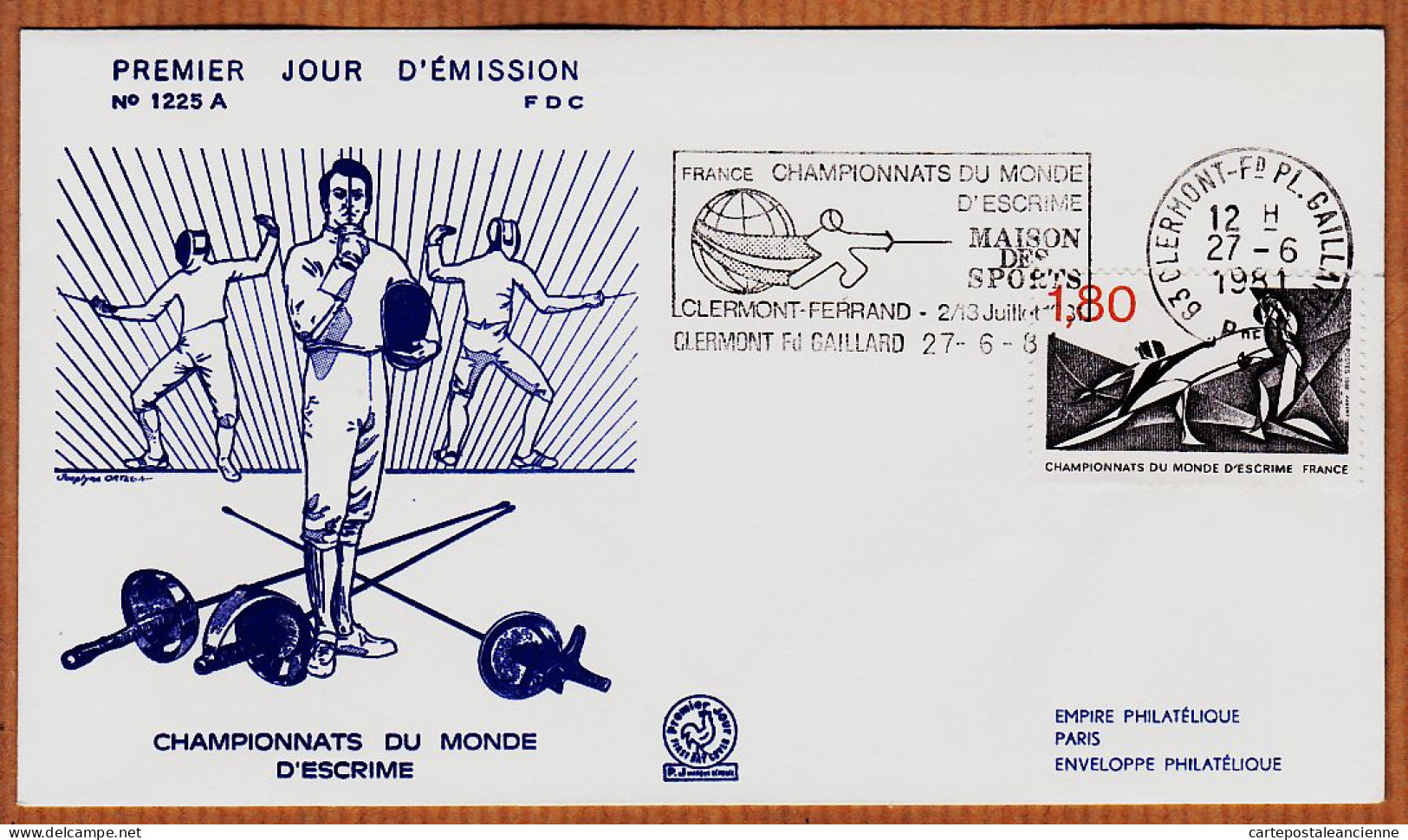 04765 / FDC CHAMPIONNATS Du MONDE D' ESCRIME 27 Juin 1981 Flamme CLERMONT-FERRAND Premier Jour Emission 1225 A - Esgrima