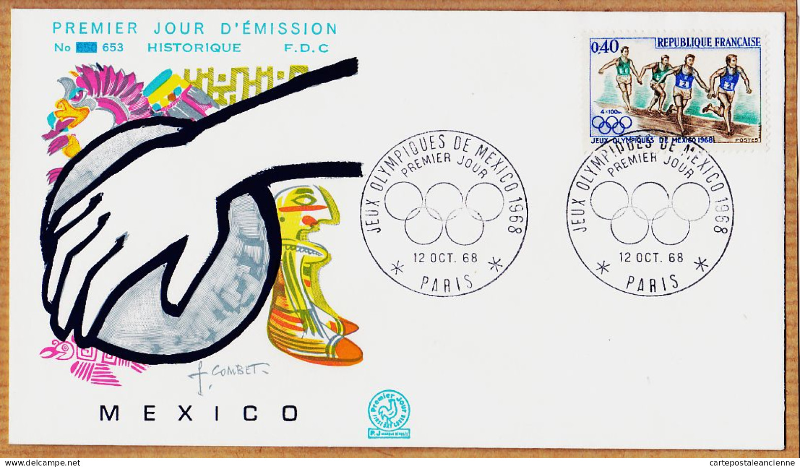 04838 / FDC JEUX OLYMPIQUES 1968 MEXICO Premier Jour 12 Octobre 68 Illustration COMBET N°653 Y & T 1573 - Estate 1968: Messico