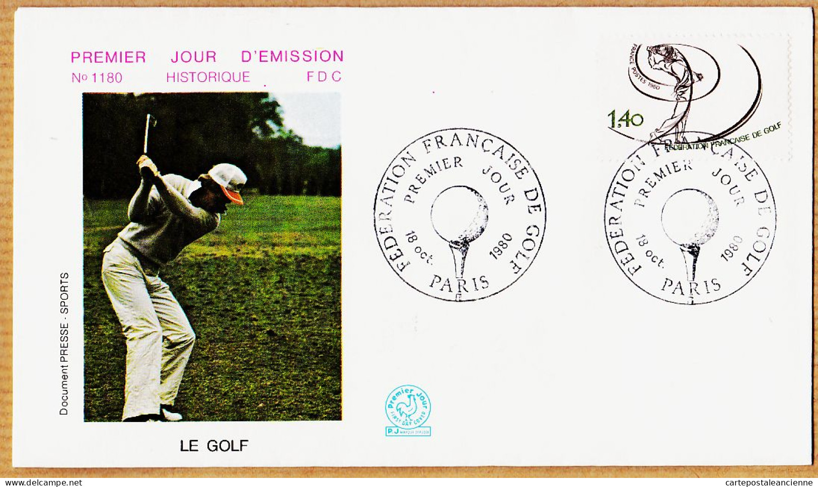 04764 / FDC Le GOLF 18 Octobre 1980 Fédération Française PARIS Premier Jour Emission N° 1180 - Golf