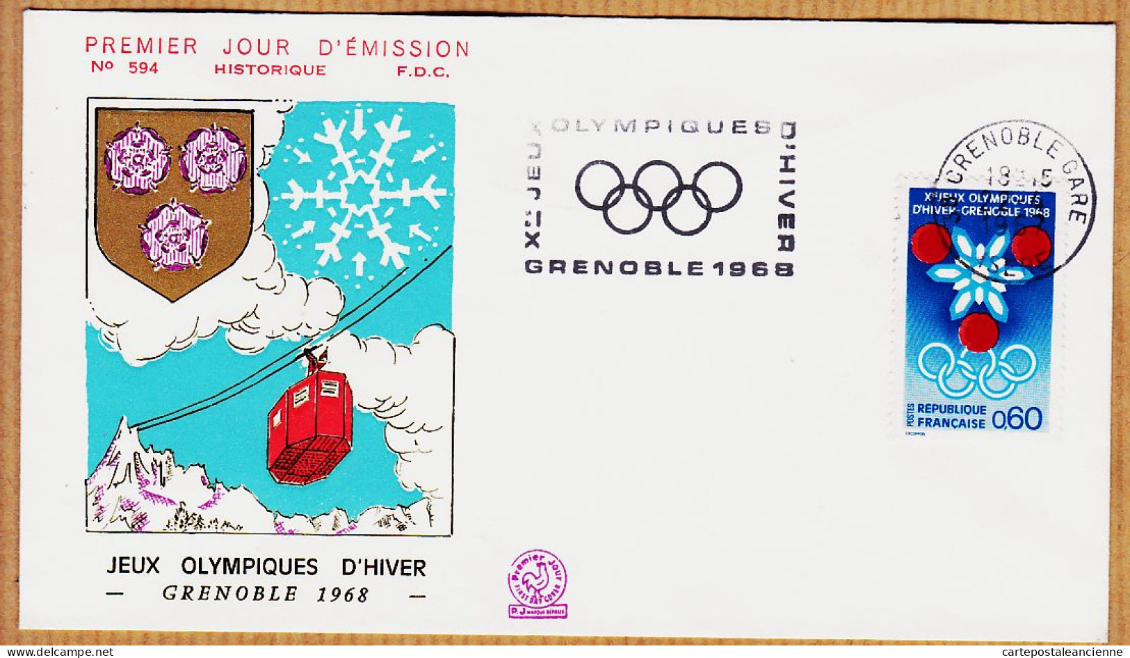 04839 / FDC JEUX OLYMPIQUES Hiver 1968 Flamme GRENOBLE Premier Jour N°594  - Winter 1968: Grenoble