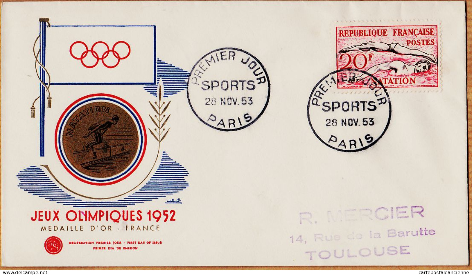 04841 / Rare Hommage Médaille D' Or NATATION FDC JEUX OLYMPIQUES 1952 HELSINKI Premier Jour 28 Novembre 1953  - Sommer 1952: Helsinki