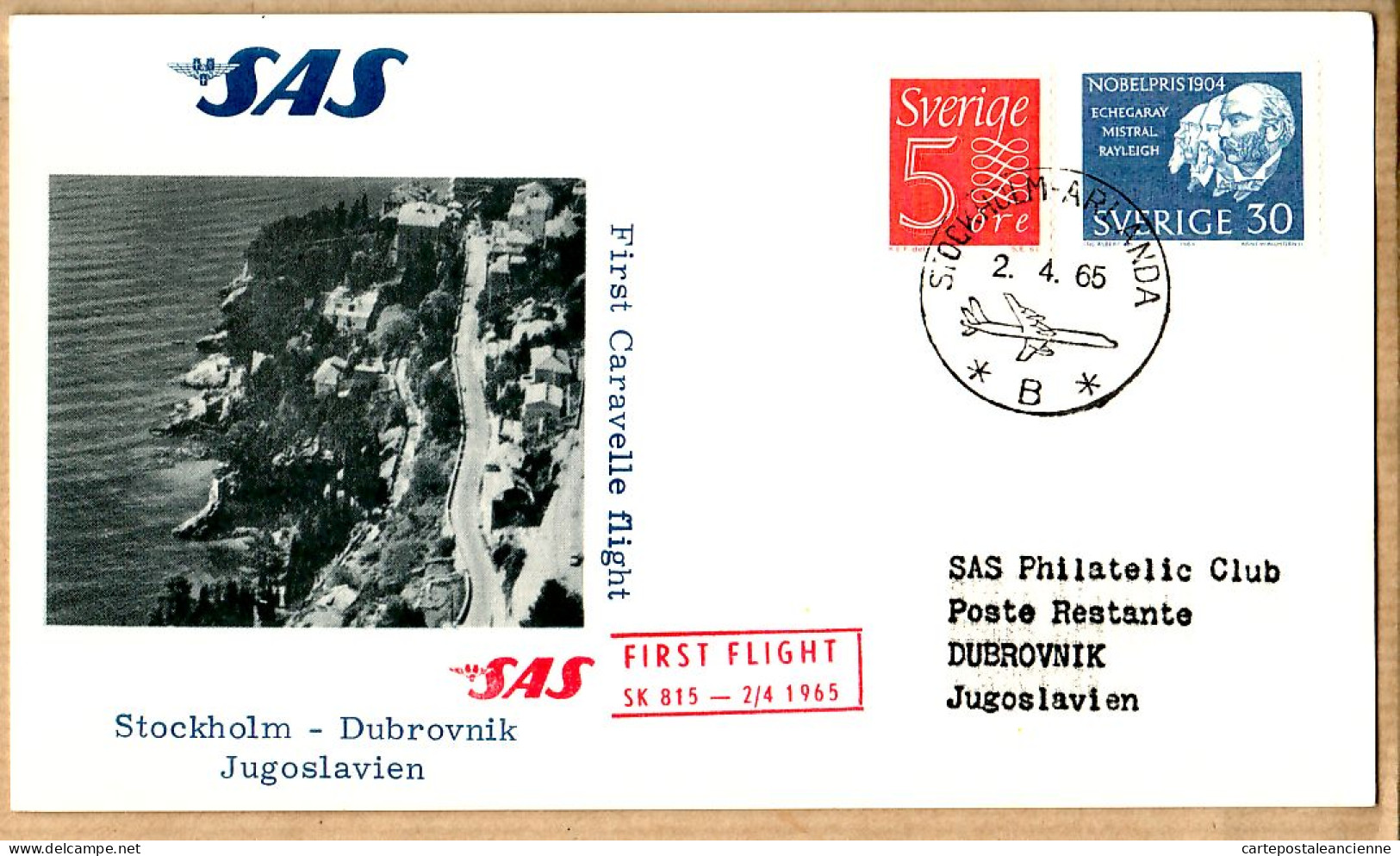 04542 / Sweden First SAS CARAVELLE Jet Flight 02-04-1965 STOCKHOLM -DUBROVNIK-JUGOSLAVIEN Cpav - Briefe U. Dokumente