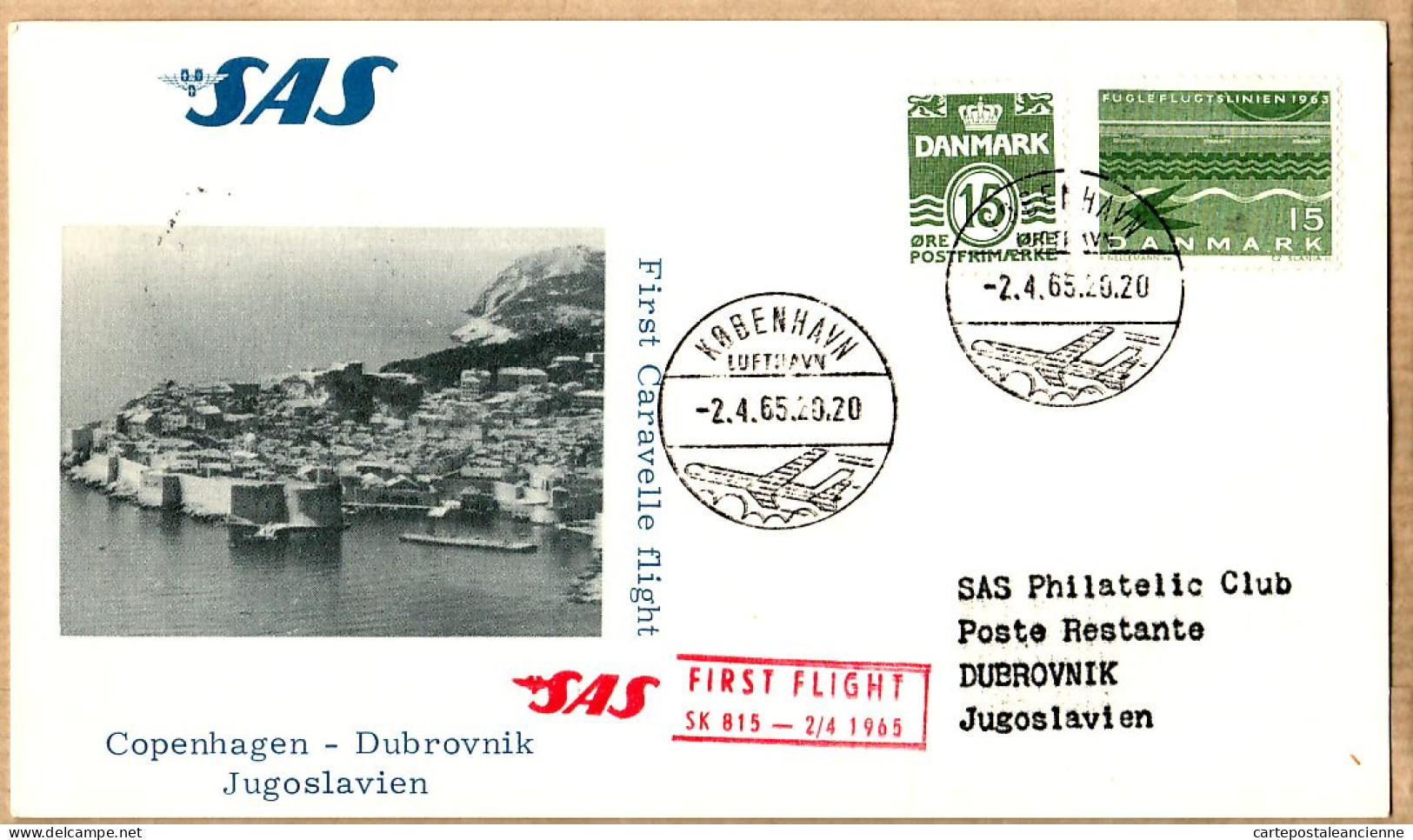 04545 / Sweden First SAS CARAVELLE Jet Flight 02-04-1965 STOCKHOLM -DUBROVNIK-JUGOSLAVIEN Cpav - Lettres & Documents