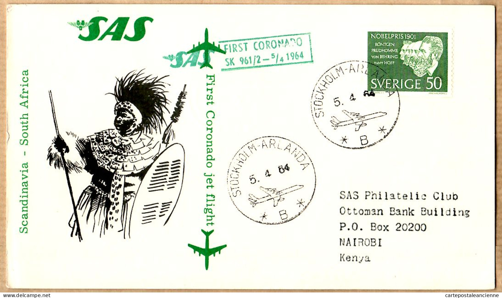 04541 / Sweden First SAS CORONADO Jet Flight Scandinavia SOUTH-AFRICA 05-04-1964 STOCKHOLM -NAIROBI Kenya Cpav - Lettres & Documents