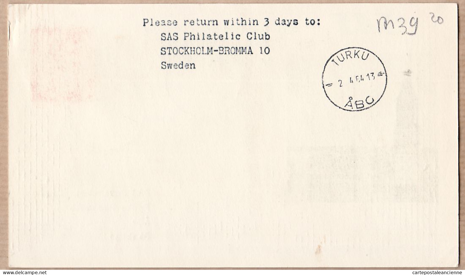 04538 / Sweden First SAS METROPOLITAN Flight 1er Avril 1964 COPENHAGEN-TURKU Cpav COPENHAGUE - Lettres & Documents