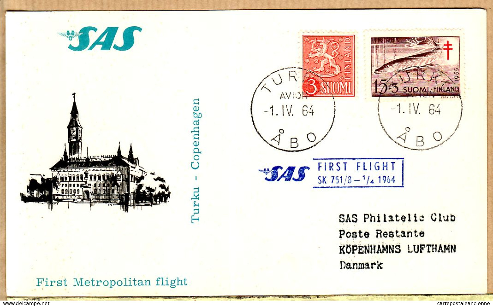 04536 / Sweden First SAS METROPOLITAN Flight 1er Avril 1964 TURKU-COPENHAGEN Cpav COPENHAGUE - Briefe U. Dokumente