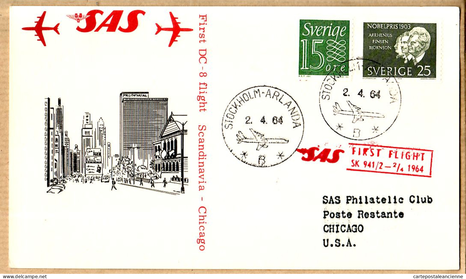 04534 / Sweden First SAS Scandinavia DOUGLAS DC-8 Jet Flight 02-04-1964 STOCKHOLM-ARLANDA CHICAGO USA Cpav - Cartas & Documentos