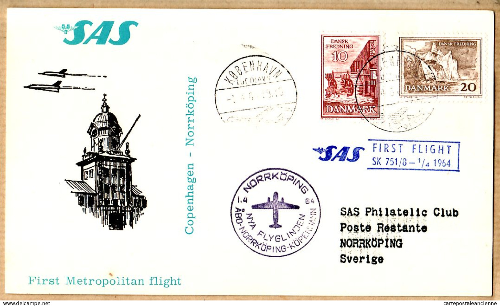 04537 / Sweden First SAS METROPOLITAN Flight 1er Avril 1964 COPENHAGEN-NORRKÖPING Cpav COPENHAGUE - Lettres & Documents