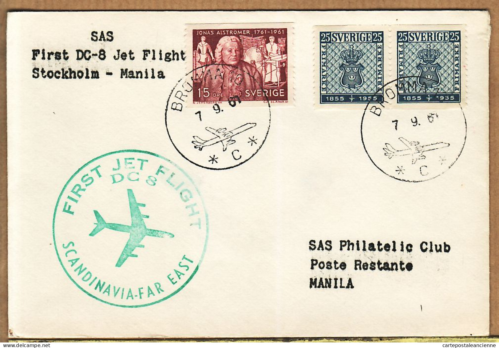 04555 / Sweden First SAS DOUGLAS DC-8 Jet Flight SCANDINAVIA FAR-EST 07-09-1961 STOCKHOLM-MANILA Manille Cpav - Used Stamps