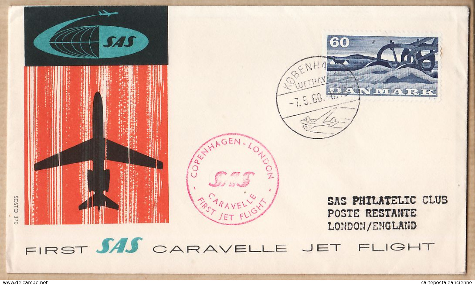 04525 / Danmark First SAS Jet Flight CARAVELLE 07-05-1960 COPENHAGEN LONDON 1er Vol COPENHAGUE LONDRES Danemark Cpav - Cartas & Documentos