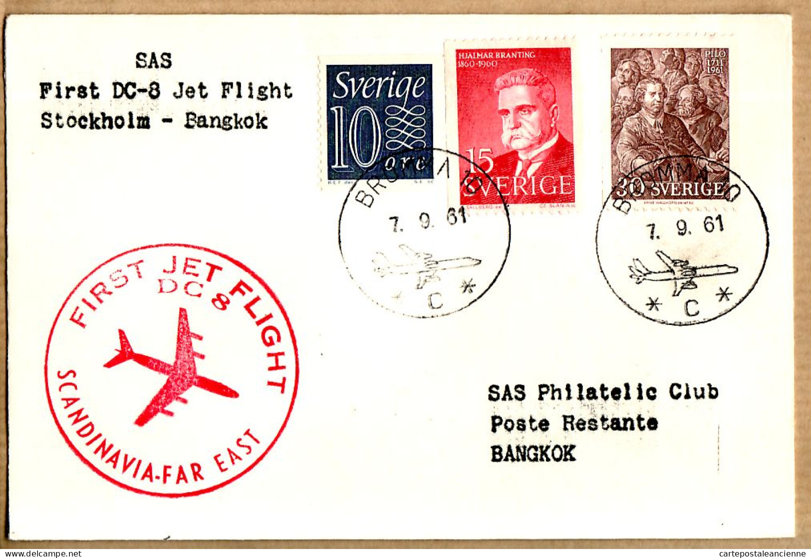 04556 / Sweden First SAS DOUGLAS DC-8 Jet Flight SCANDINAVIA FAR-EST 07-09-1961 STOCKHOLM Bromma-BANGKOK Cpav - Used Stamps