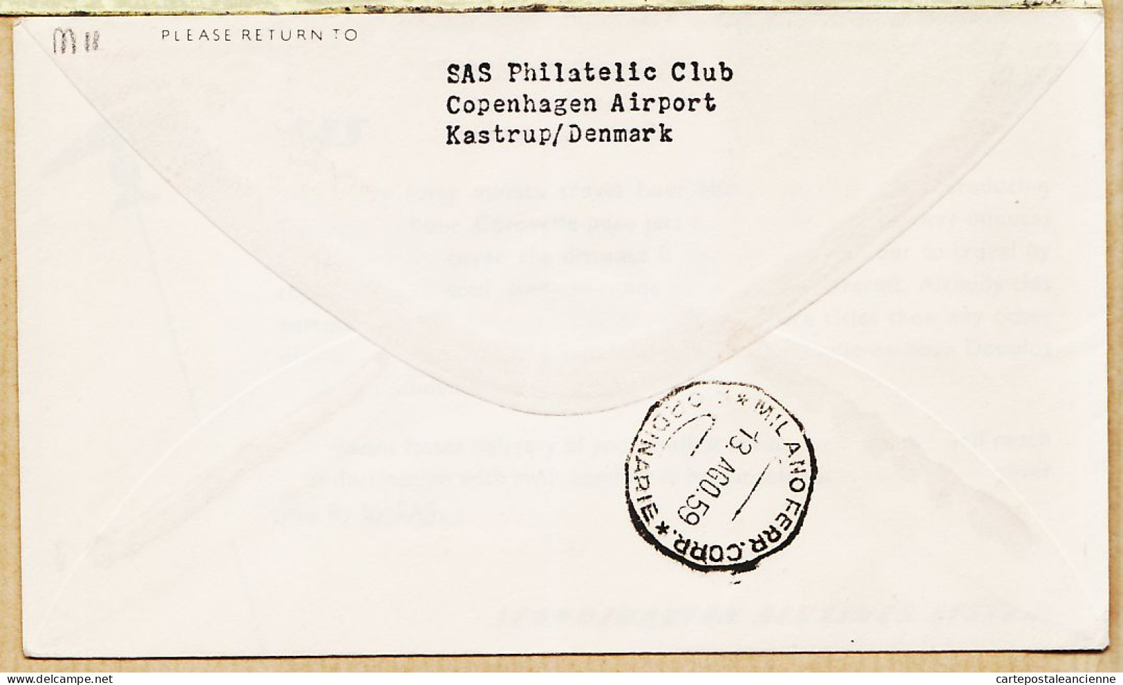 04522 / Danmark First SAS Jet Flight CARAVELLE 12-08-1959 COPENHAGEN MILAN 1er Vol COPENHAGUE Cpav - Cartas & Documentos