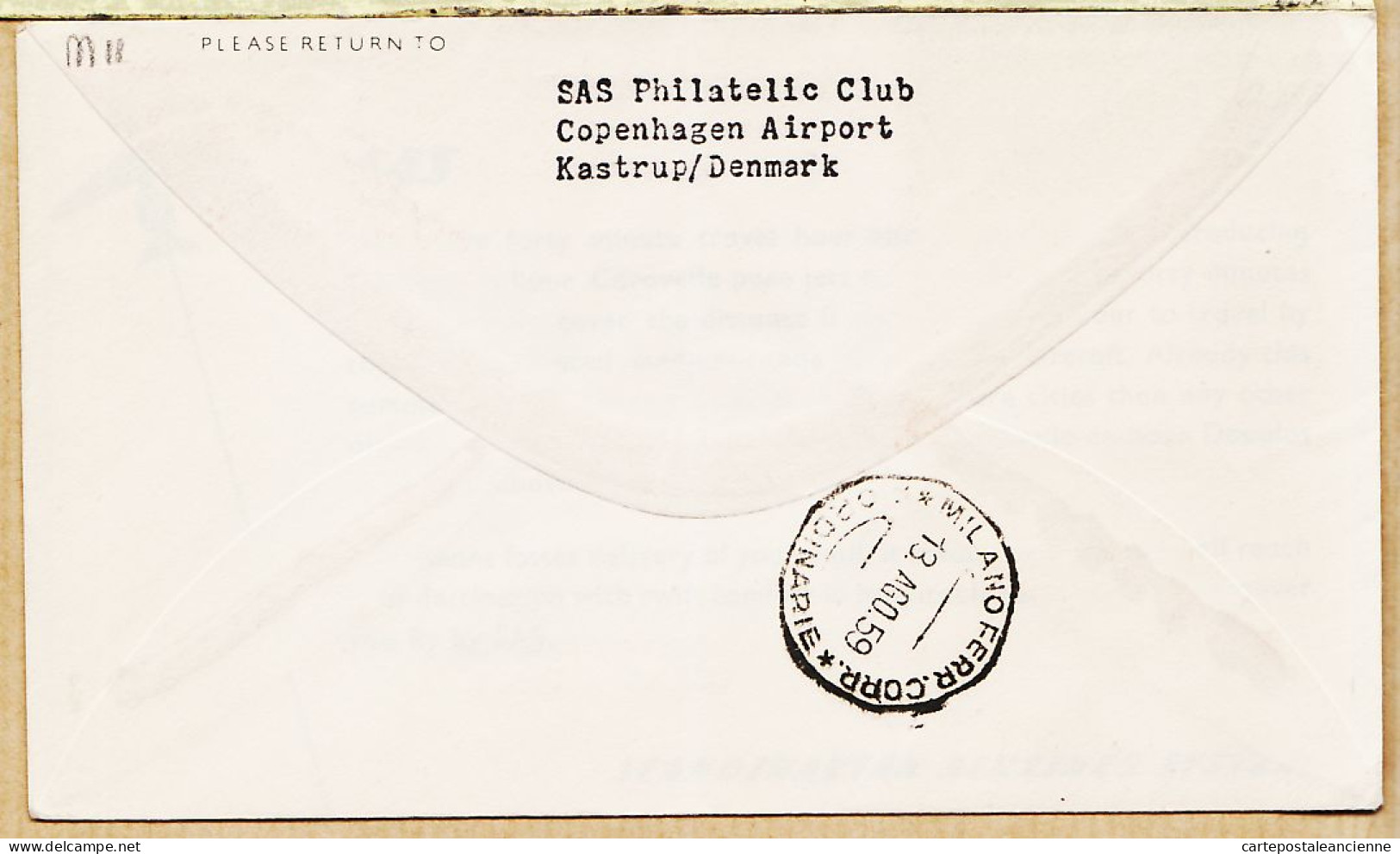 04522 / Danmark First SAS Jet Flight CARAVELLE 12-08-1959 COPENHAGEN MILAN 1er Vol COPENHAGUE Cpav - Storia Postale