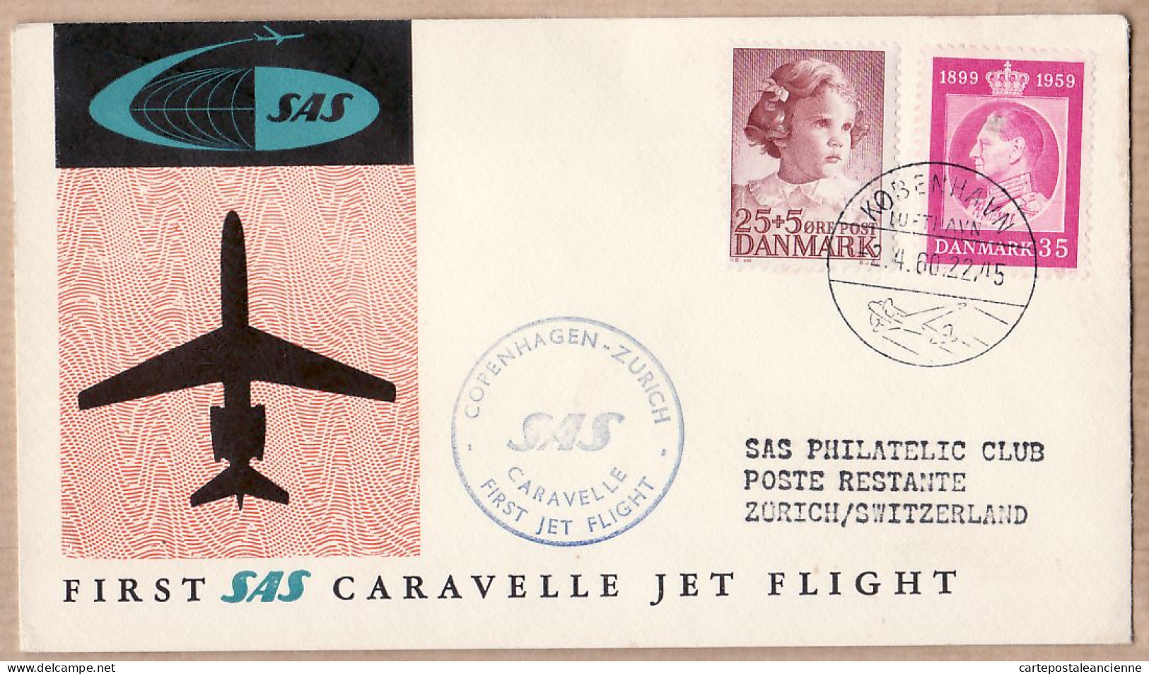 04524 / Danmark First SAS Jet Flight CARAVELLE 12-04-1960 COPENHAGEN ZURICH 1er Vol COPENHAGUE Danemark Cpav - Storia Postale