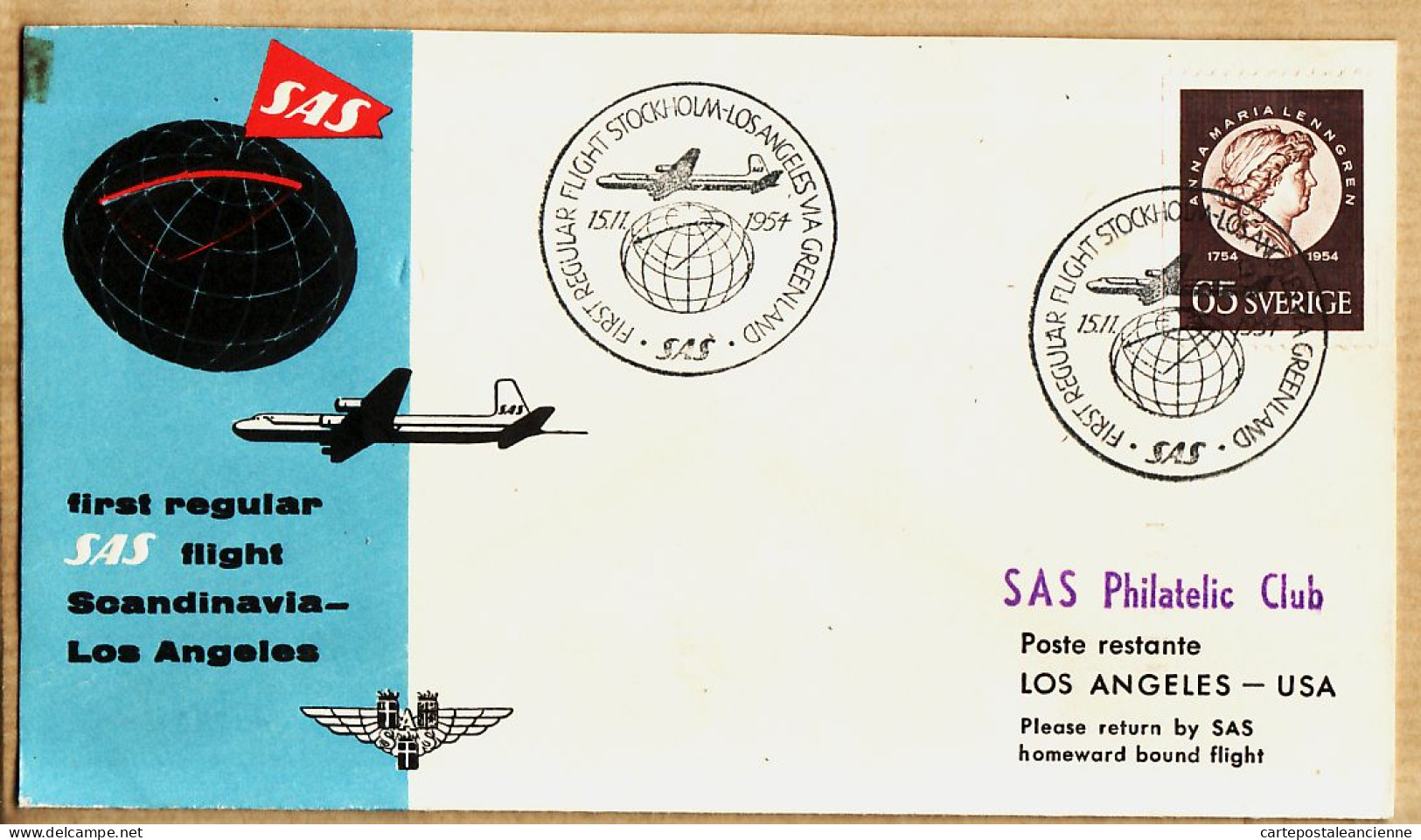 04521 ////////// Sweden SAS First Regular Flight Scandinavia 15-11-1954 STOCKHOLM-LOS ANGELES Via GREENLAND - Covers & Documents