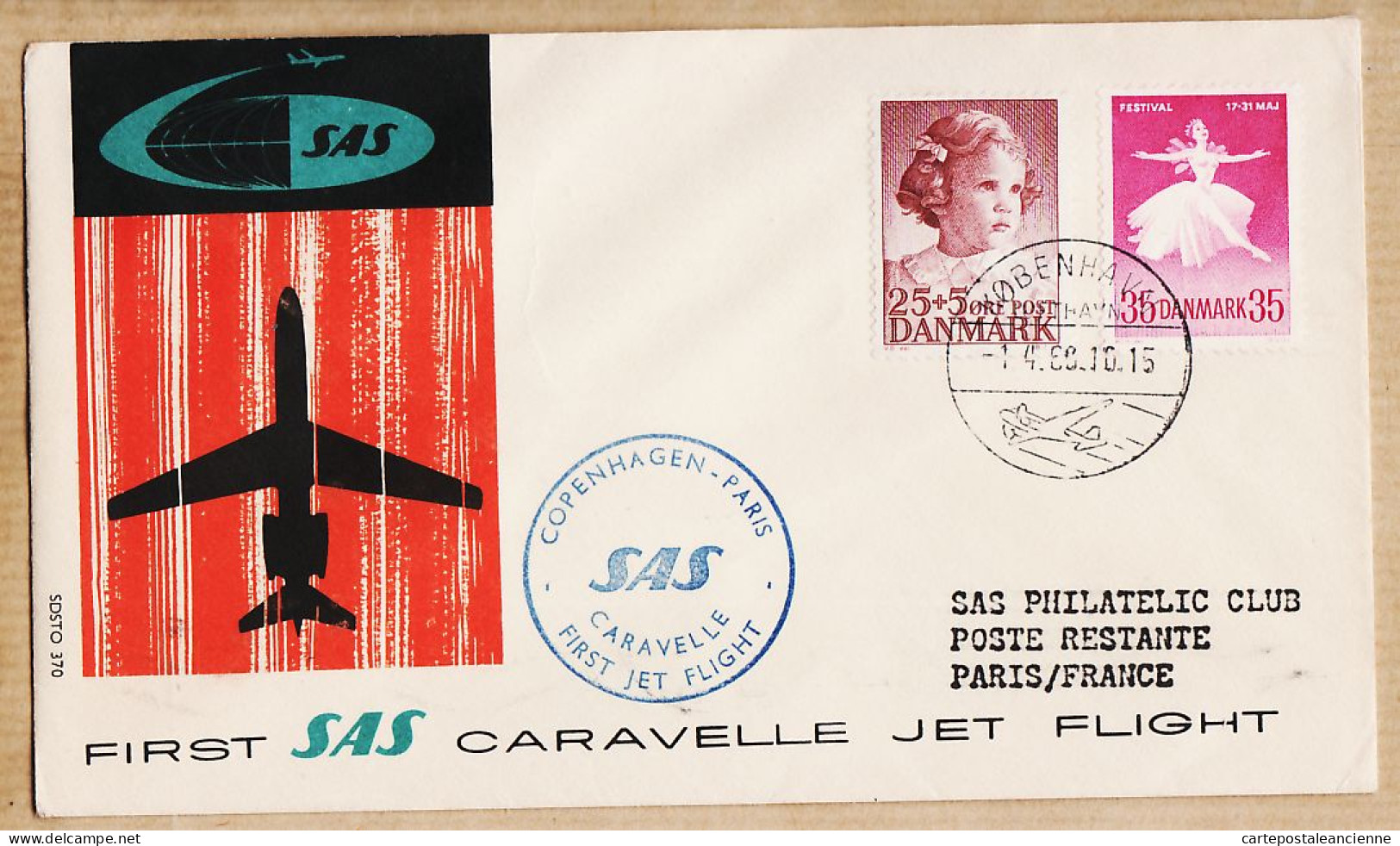 04553 / Danmark First SAS Jet Flight CARAVELLE 01-04-1960 COPENHAGEN PARIS 1er Vol COPENHAGUE Cpav - Usado