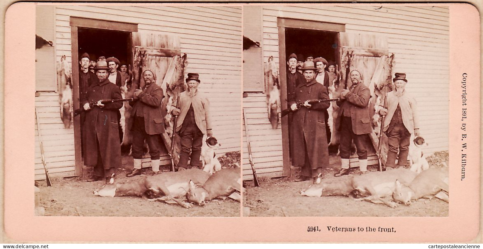 04567 / ⭐ ◉ ♥️ CANADA Rare Far West 1891 Trappers Hunters VETERANS FRONT Chasseur Trappeur Photo Stereoview KILBURN 5941 - Stereoscopio