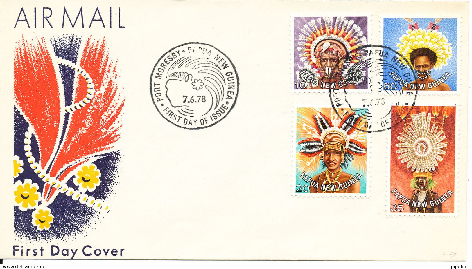 Papua New Guinea FDC 7-6-1978 Complete Set Of 4 Native Head Dresses With Cachet - Papúa Nueva Guinea