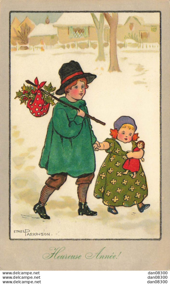 ILLUSTRATION ETHEL PARKINSON HEUREUSE ANNEE ENFANTS MARCHANT DANS LA NEIGE FILLETTE TENANT SA POUPEE - Parkinson, Ethel