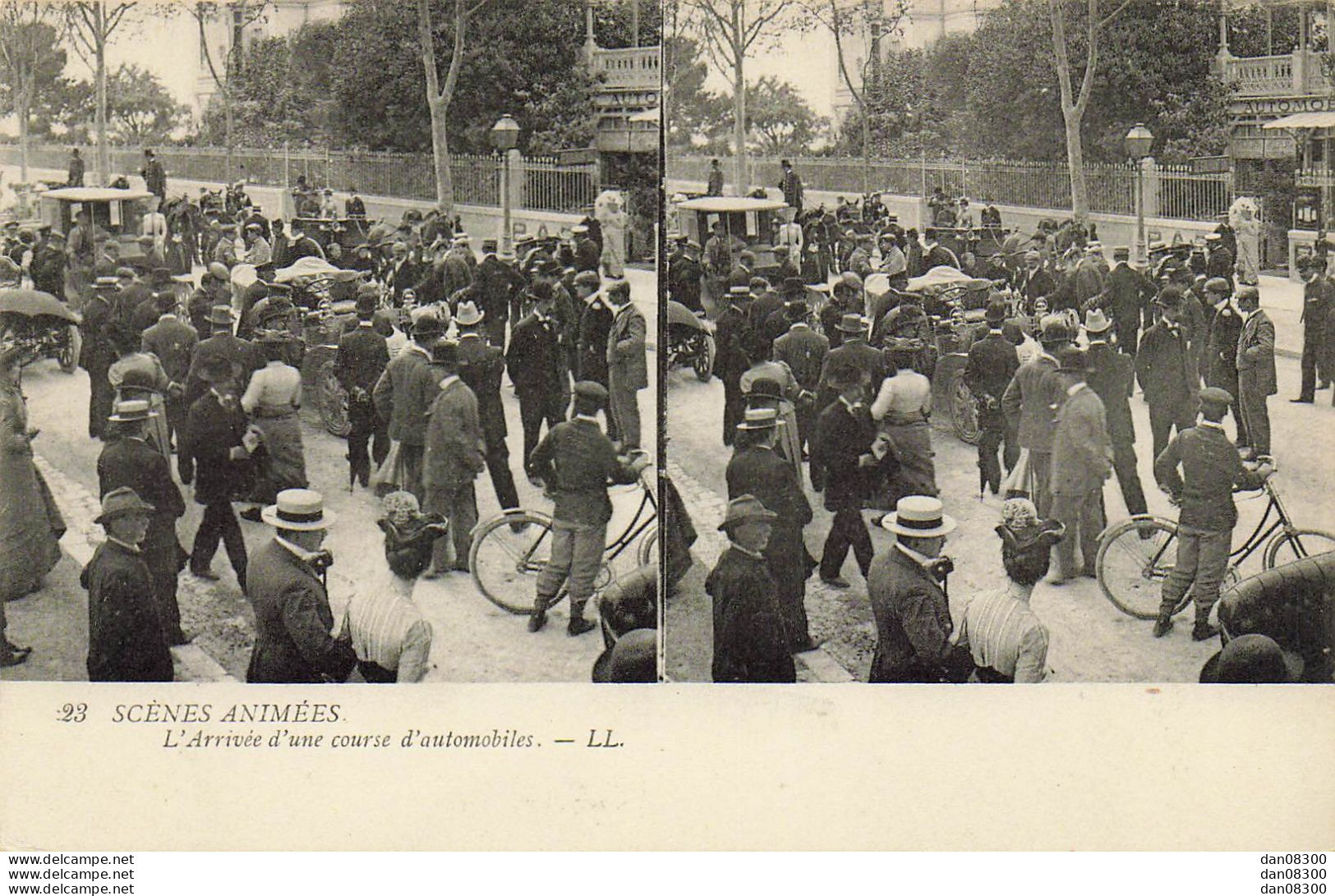 SCENES ANIMEES L'ARRIVEE D'UNE COURSE D'AUTOMOBILES - Stereoscopische Kaarten