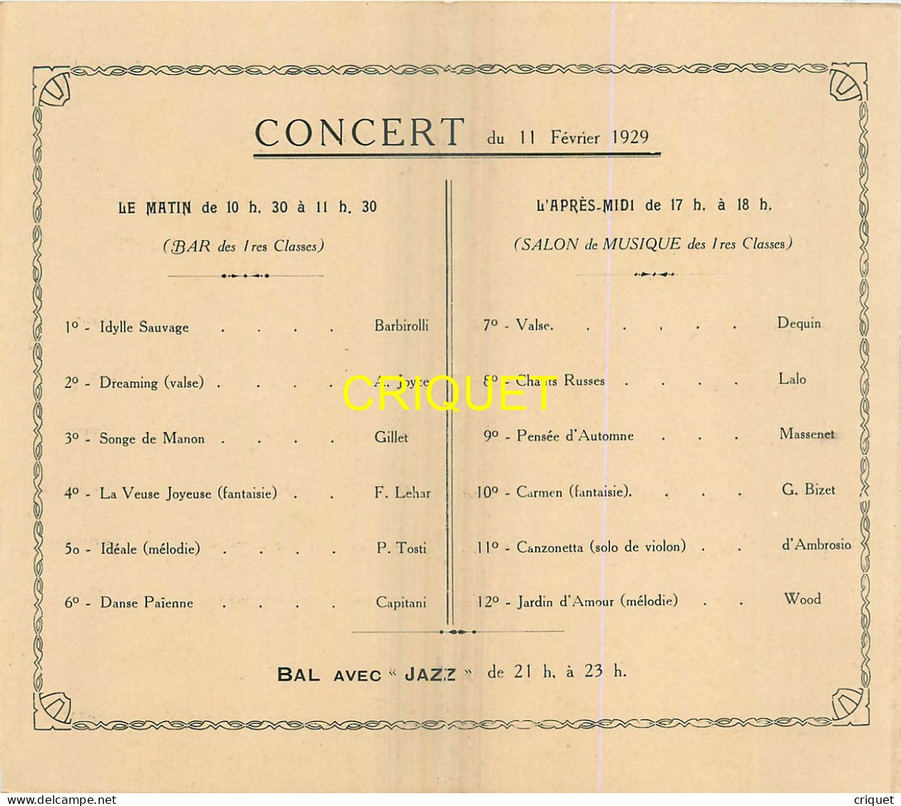 Paquebot Poste Lotus, Programme Du Concert Du 11 Février 1929 - Programas