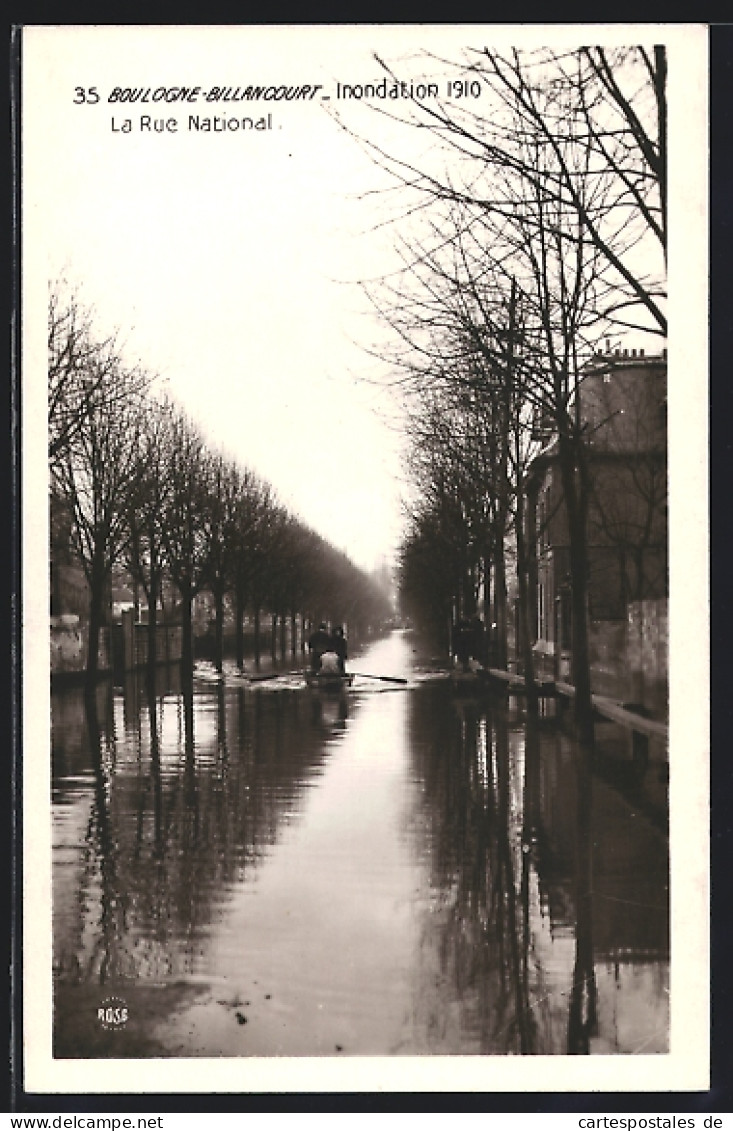 Foto-AK Boulogne-Billancourt, Inondation 1910, La Rue Nationale, Hochwasser  - Inondations