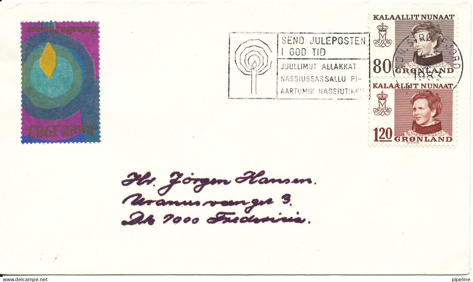 Greenland Cover Sent To Denmark Post Early For Christmas And A Christmas Seal Sdr. Stromfjord 14-11-1983 - Storia Postale