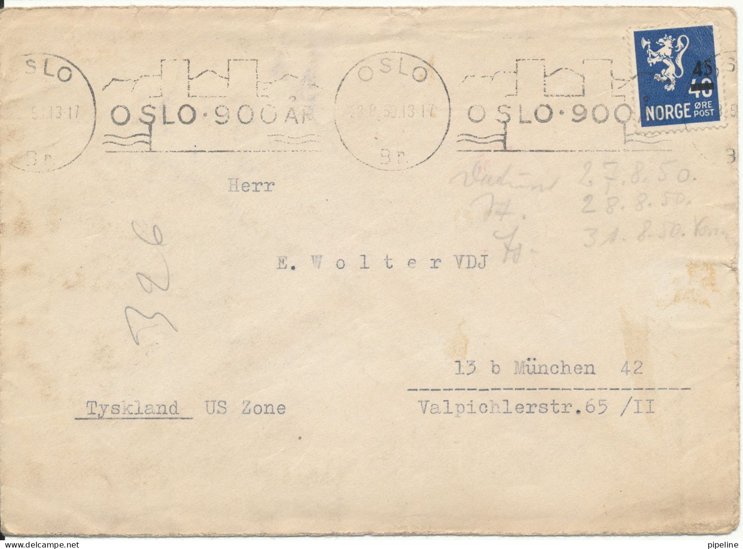 Norway Cover Sent To US Zone Germany 28-8-1950 Single Overprinted Stamp (Oslo 900 Aar) - Briefe U. Dokumente