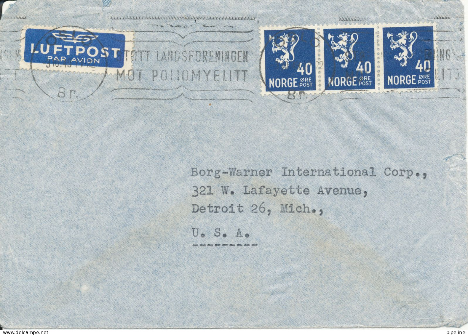 Norway Air Mail Cover Sent To USA 3-10-1949 (Stött Landsforeningen Mot Poliomyelitt) (A/S Norge Rollator Oslo) - Cartas & Documentos