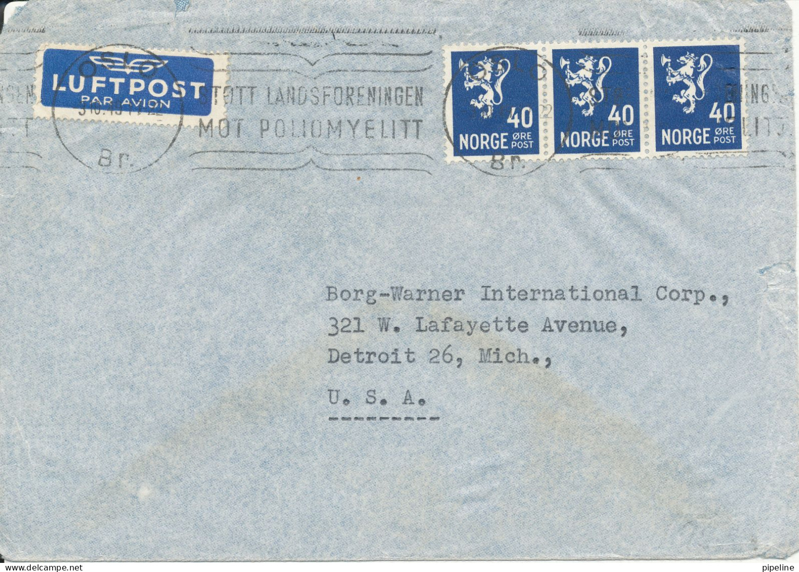 Norway Air Mail Cover Sent To USA 3-10-1949 (Stött Landsforeningen Mot Poliomyelitt) (A/S Norge Rollator Oslo) - Covers & Documents