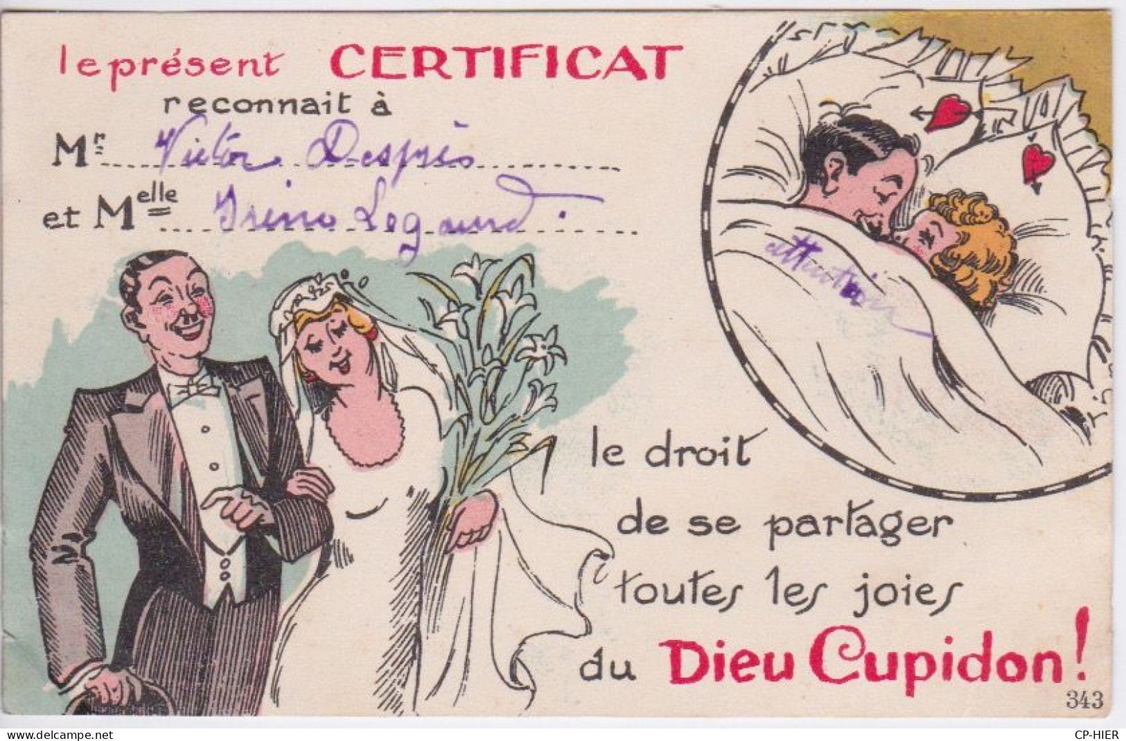 HUMOUR -  LE CERTIFICAT DU DIEU CUPIDON - MARIAGE ET NUIT DE NOCES - Humour