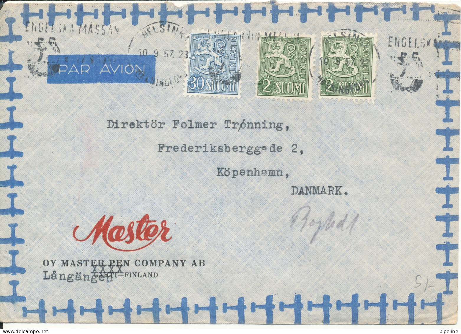 Finland Air Mail Cover Sent To Denmark Helsinki 10-9-1957 - Briefe U. Dokumente