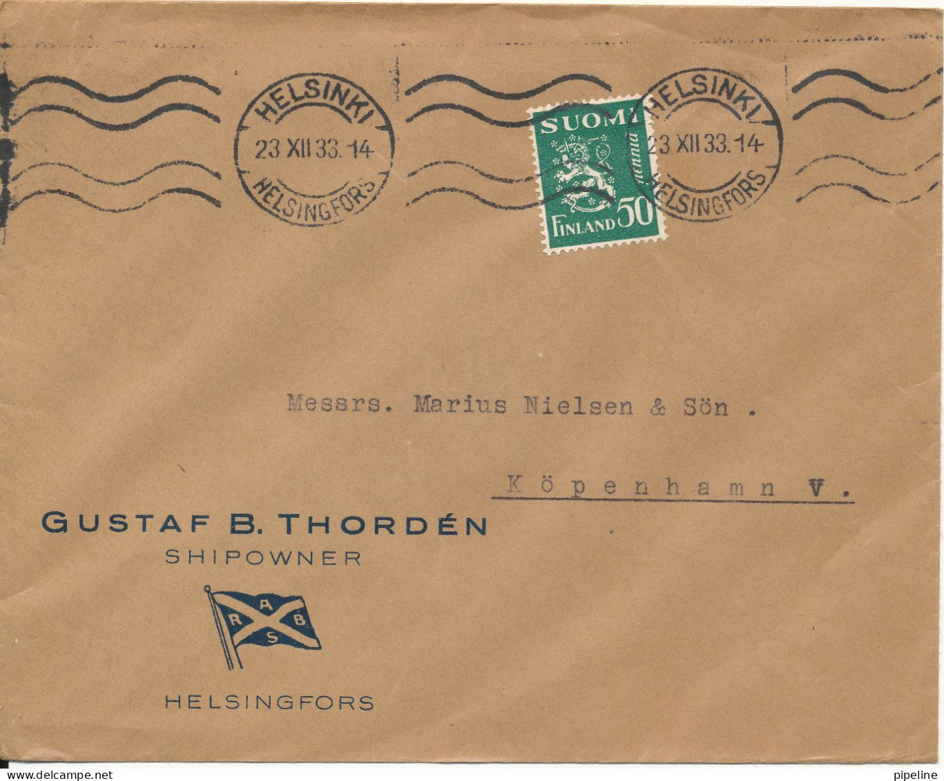 Finland Cover Sent To Denmark 23-12-1933 Single Franked Lion Type Stamp - Briefe U. Dokumente