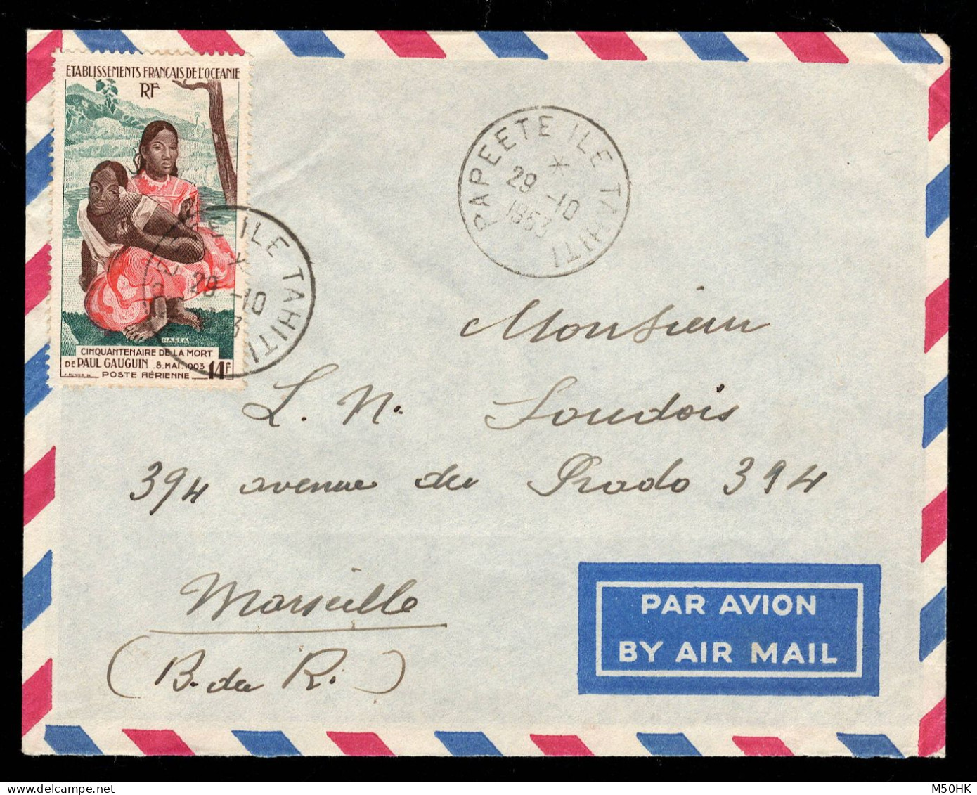 Océanie - YV PA 30 Seul Sur Lettre Par Avion Pour Marseille , 1953 , Gauguin - Lettres & Documents