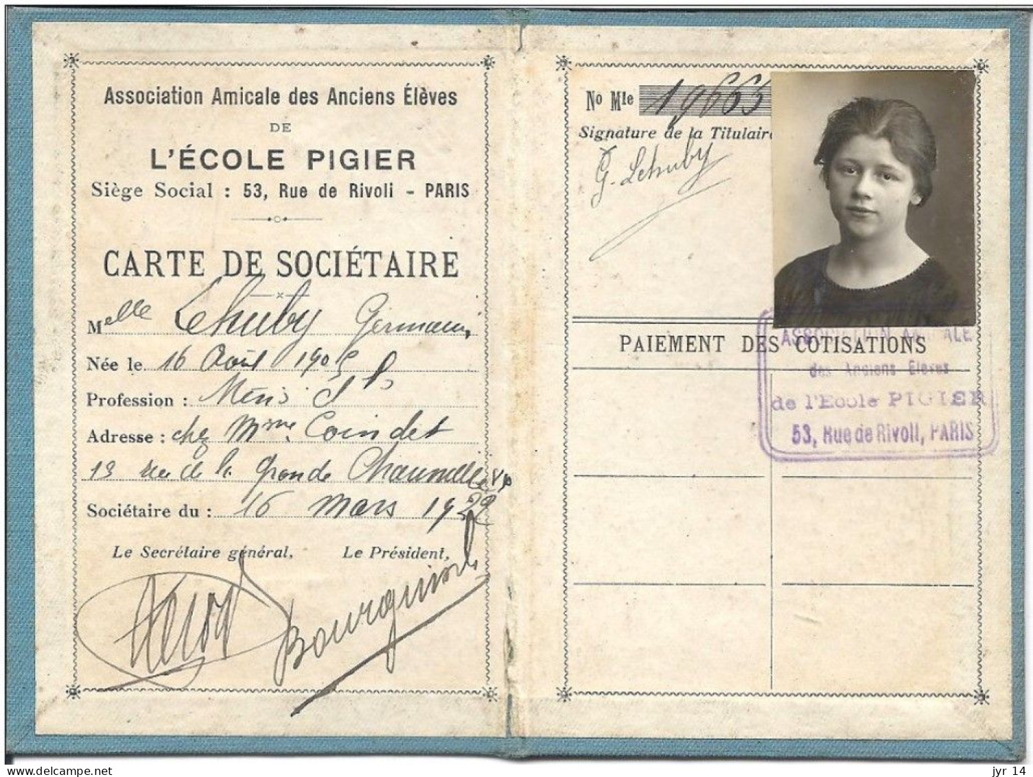 Ecole PIGIER Carte De Sociétaire Association Amicale Des Anciens éléves - Non Classés