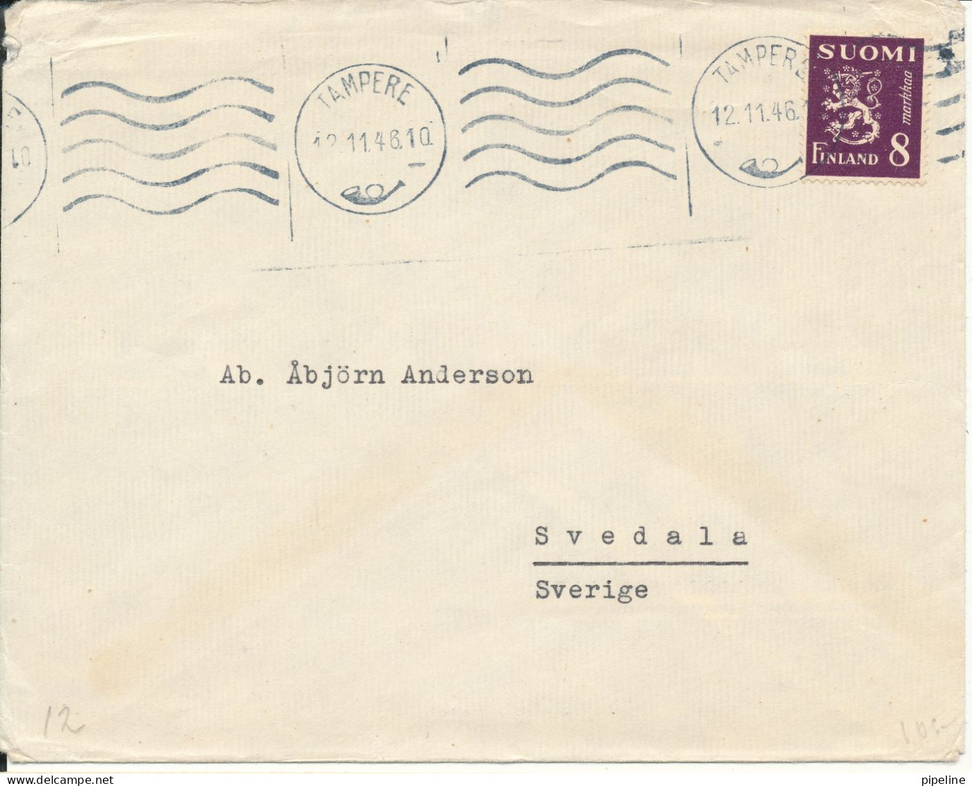 Finland Cover Sent To Sweden 12-11-1946 Single Franked Lion Type Stamp - Briefe U. Dokumente