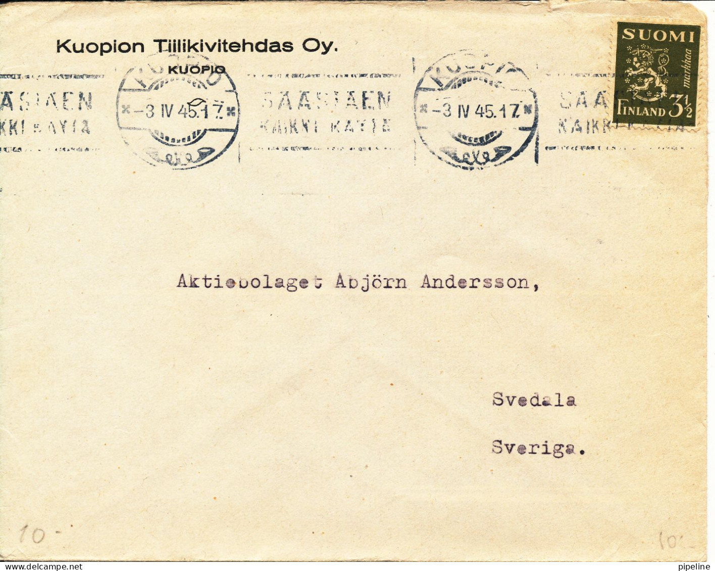 Finland Cover Sent To Sweden 3-4-1945 Single Franked Lion Type Stamp - Briefe U. Dokumente