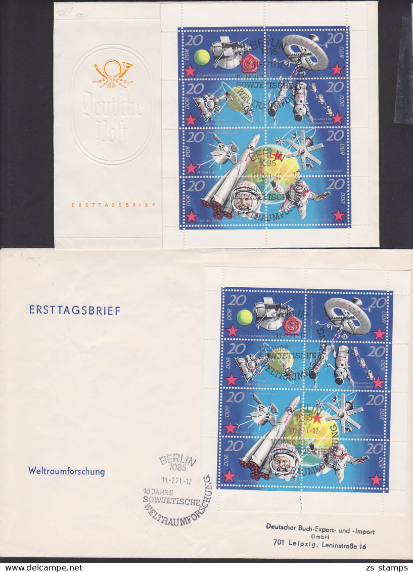 Weltraumforschung-Klb. Mi 1336/43 (2) SSt. Berlin 11.2.71 Venussonde, Gagarin,  A. Leonow - 1971-1980