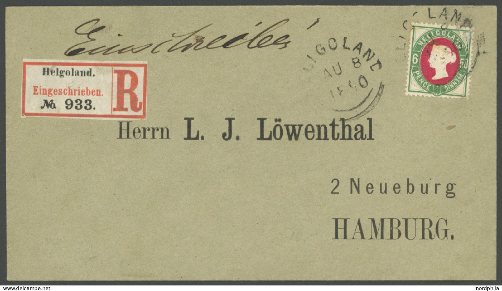 HELGOLAND 16b BRIEF, 1890, 50 Pf. Grün/dkl`karmin Auf Einschreibbrief Nach Hamburg, Kleiner Zahnfehler Sonst Prachtbrief - Héligoland