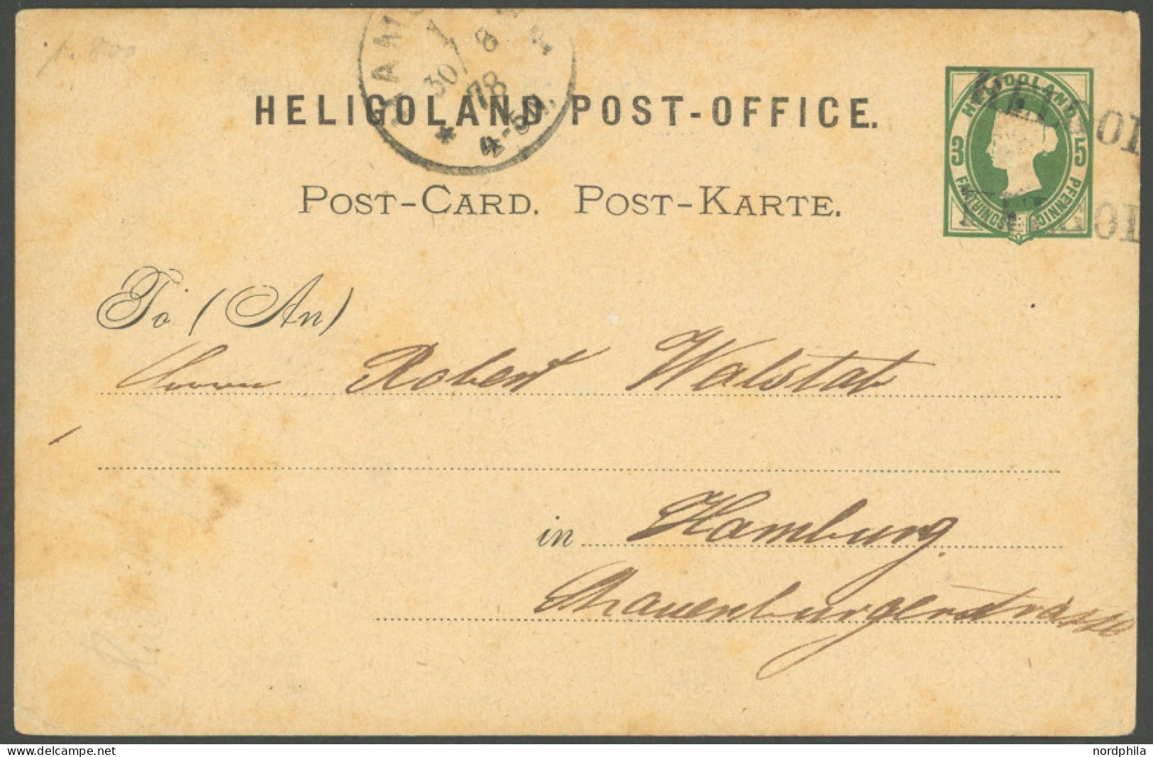 HELGOLAND P 1 BRIEF, 1878, 5 Pf. Grün Mit Einzeiler Nach Hamburg, Fleckig, Feinst, Mi. 200.- - Heligoland