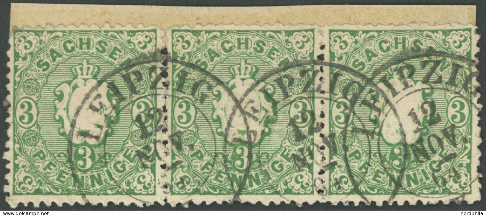 SACHSEN 14a O, 1863, 3 Pf. Grün Im Waagerechten Dreierstreifen, Linke Marke Kleine Fehler, Feinst, Kurzbefund Vaatz - Sachsen