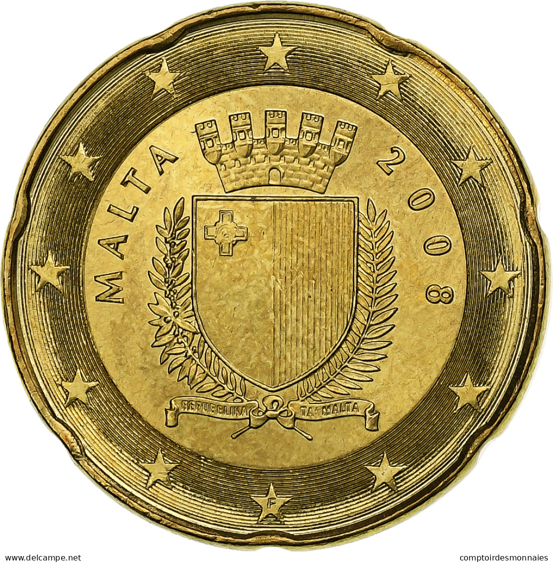 Malte, 20 Euro Cent, The Arms Of Malta, 2008, SUP, Or Nordique - Malte