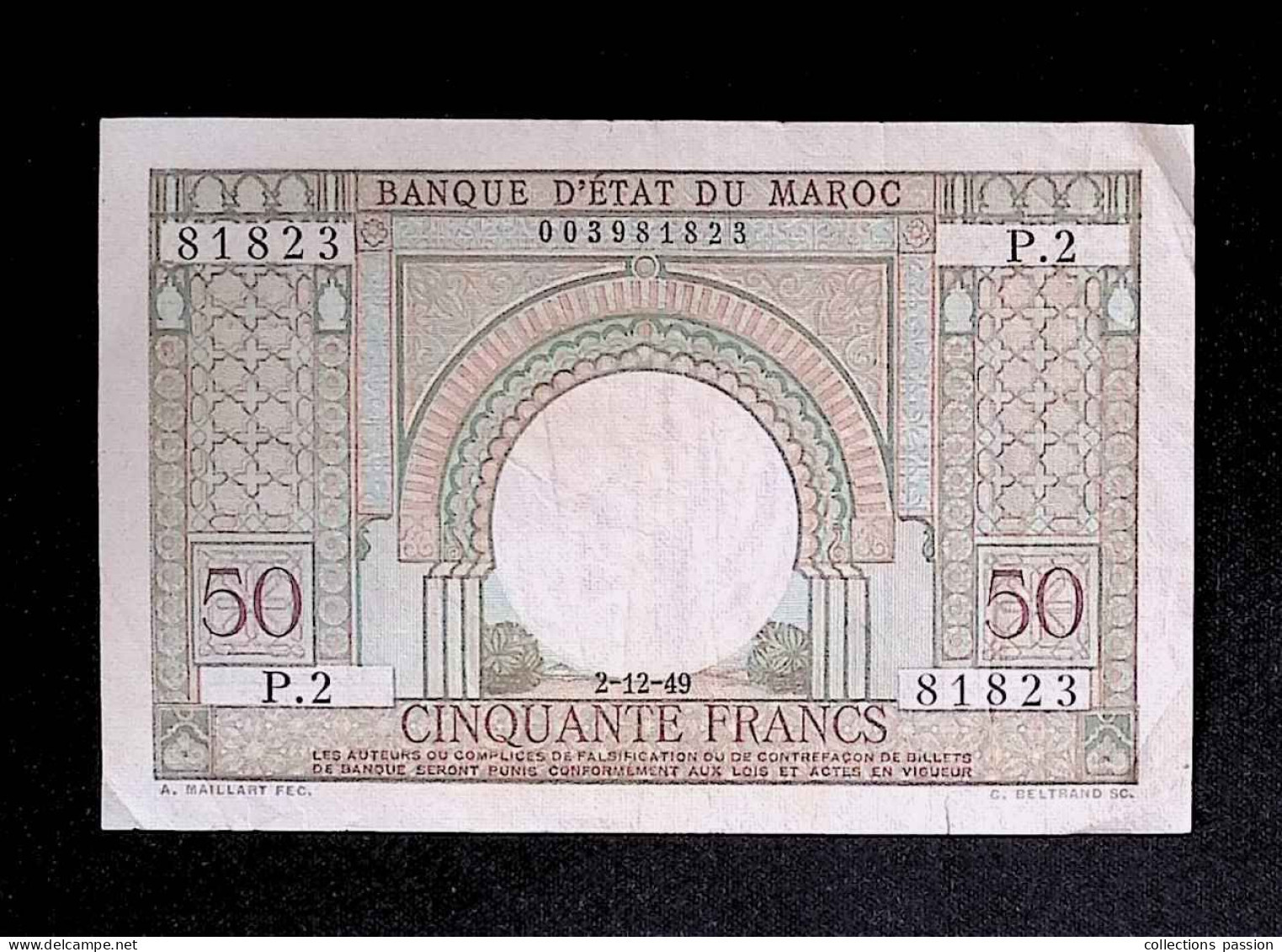 Billet, Banque D'état Du MAROC, Cinquante, 50 Francs, 2-12-49, 1949, 2 Scans - Morocco