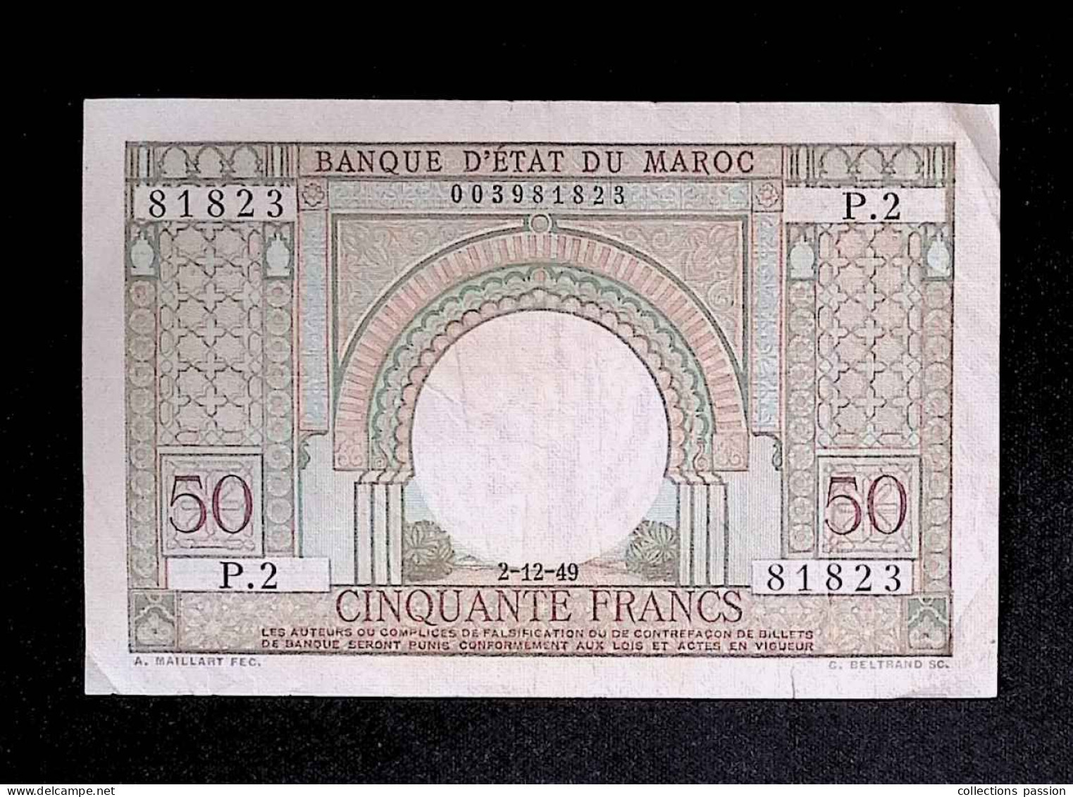 Billet, Banque D'état Du MAROC, Cinquante, 50 Francs, 2-12-49, 1949, 2 Scans - Marocco