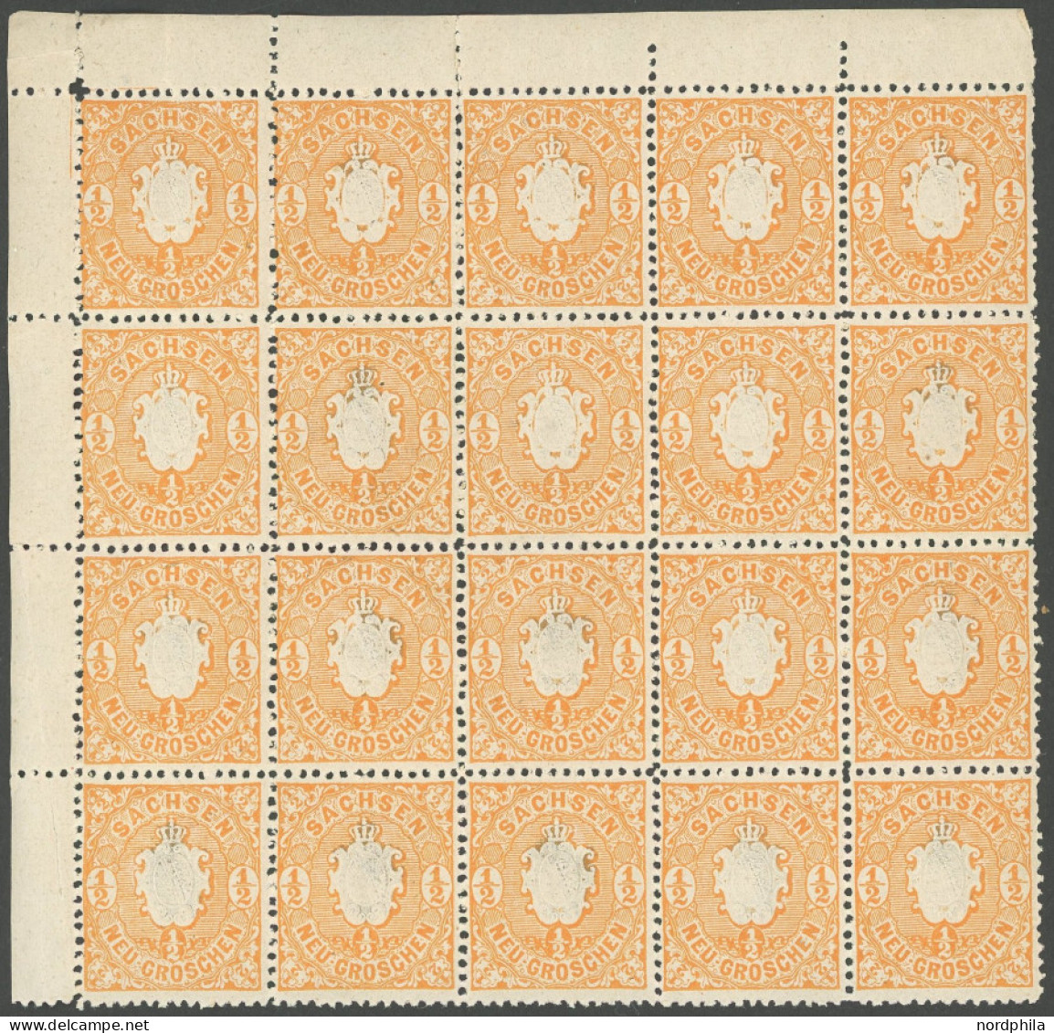 SACHSEN 15c **, 1864, 1/2 Ngr. Trüborange Im 20er Block Aus Der Linken Oberen Bogenecke, Postfrisch, Feinst (leicht Ange - Saxe