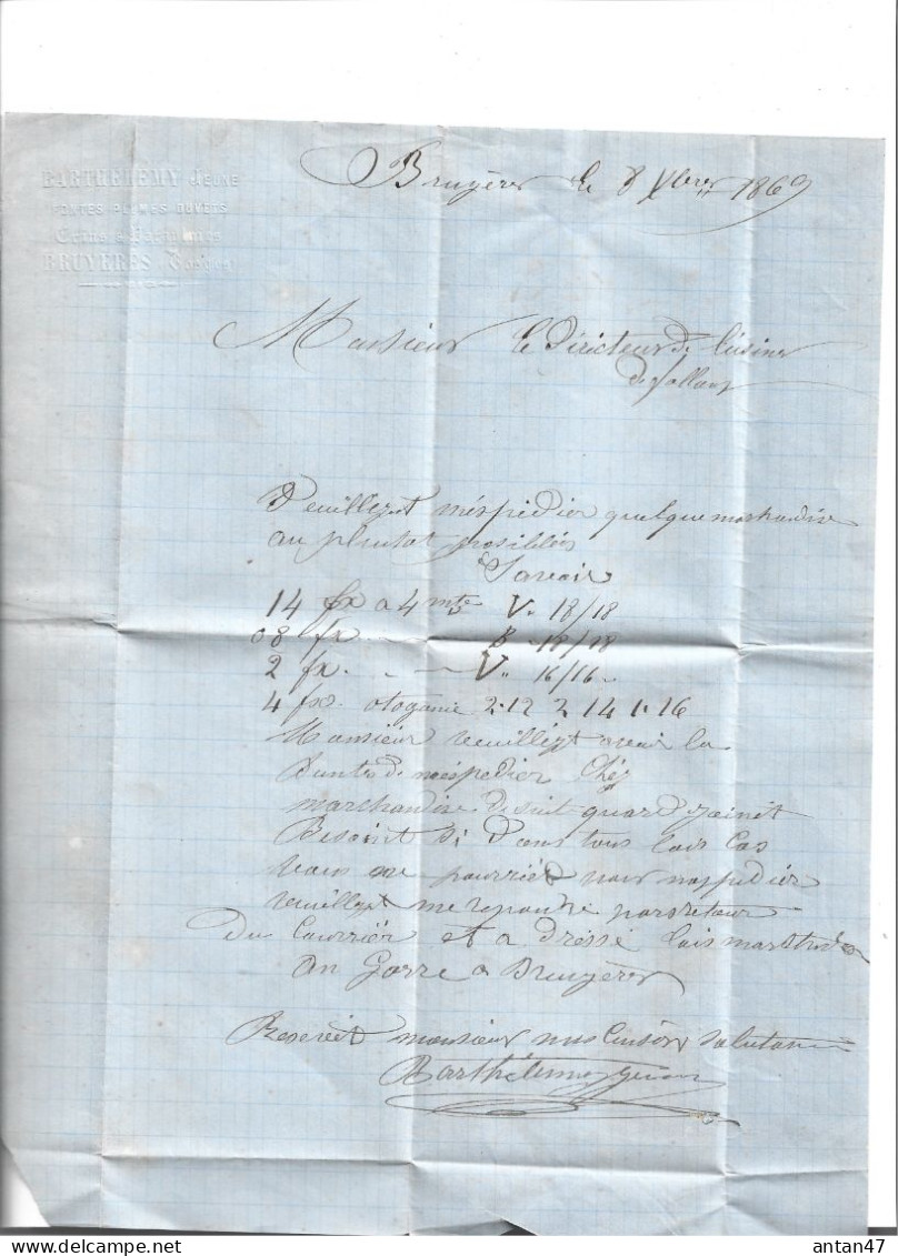 Courrier 1869 / 88 BRUYERES Fontes BARTHELEMY à Usine FALLON 70 - 1800 – 1899