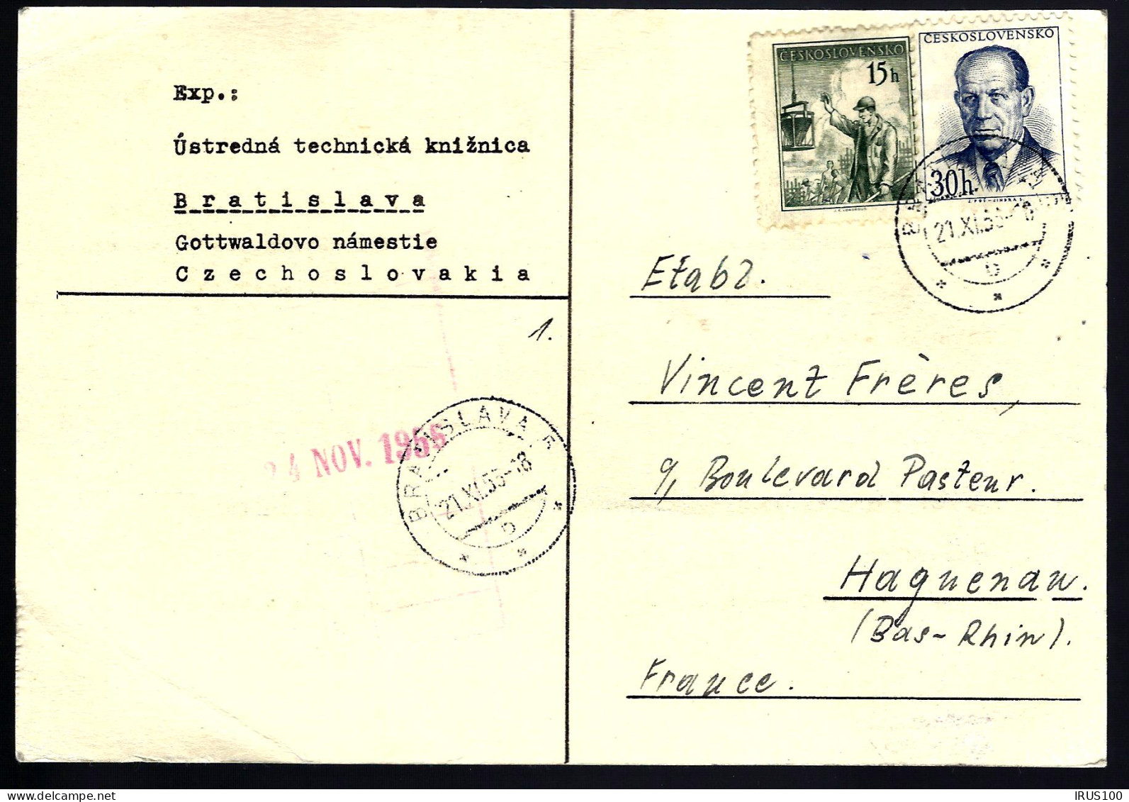 TCHÉCOSLOVAQUIE - 1955 - POUR HAGUENAU / ALSACE - Covers & Documents